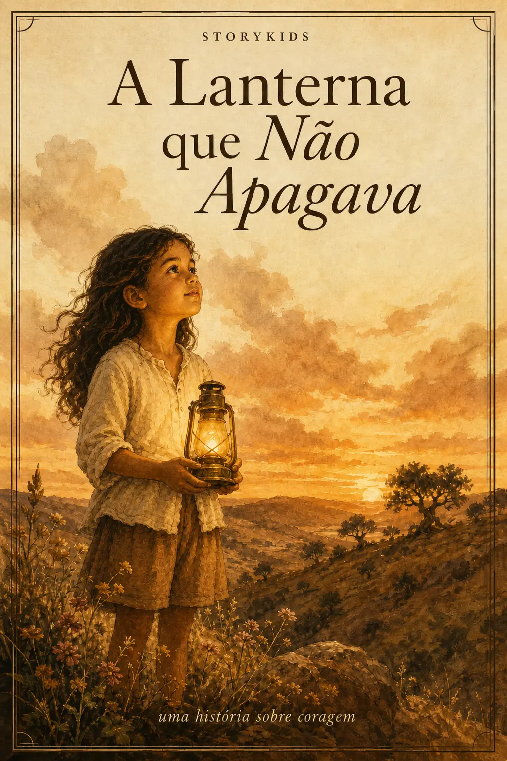 Ilustração da história 'A Lanterna que Não Apagava' aberta no leitor